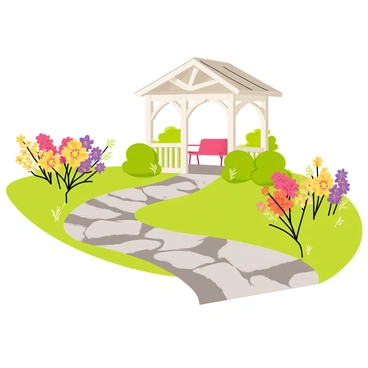 A winding stone path made of irregularly shaped gray stones leads through a vibrant flower garden filled with colorful blossoms. The garden features clusters of red, yellow, and purple flowers, creating a lively atmosphere. Alongside the path, green foliage and bushes add depth to the scene. At the end of the path, a cozy gazebo with a white wooden frame and a sloping roof provides a focal point. The gazebo is surrounded by flowers and has a small seating area inside, inviting visitors to relax.