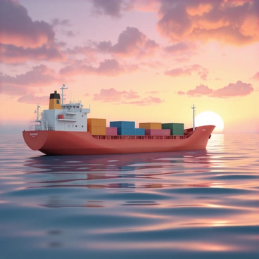 A large cargo ship sailing on the ocean under a vibrant sunset sky