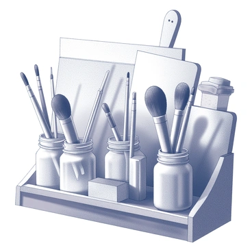 An assortment of brushes of various sizes, each with textured bristles, is arranged in several glass jars. The jars are placed on a wooden shelf that shows signs of wear, indicating a rustic character. The background features artist tools and supplies, enhancing the atmosphere of a creative workspace. Natural light filters in, casting soft shadows and illuminating the brushes, highlighting their different shapes and sizes. The overall composition conveys a sense of artistry and craftsmanship.