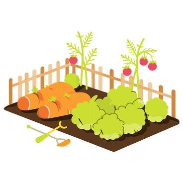 A vegetable garden with neatly organized rows of orange carrots, lush green lettuce, and vibrant red tomatoes. The carrots have green tops emerging from the soil, while the lettuce forms leafy heads. The tomato plants are sturdy and tall, dotted with ripe, round tomatoes hanging from their branches. The garden is surrounded by a wooden fence, and a small garden tool is resting on the ground nearby, ready to assist with the harvest. Bright sunlight illuminates the scene, highlighting the freshness of the produce.