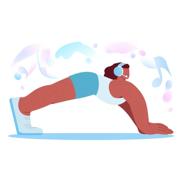 A person is performing a plank exercise, maintaining a straight body position. This individual is wearing wireless headphones that are comfortably placed over their ears. Around the person, there are various musical notes floating in the air, adding a dynamic energy to the scene. The background features soft gradient pastel colors that enhance the overall composition.