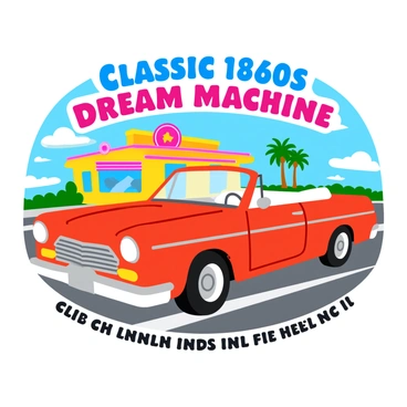 A vibrant advertisement poster featuring a classic car from the 1960s. The car is a bright red convertible, parked on a sunny street. It has a sleek, shiny body with chrome accents and a white interior. The background shows a retro diner with neon lights and palm trees, enhancing the nostalgic feel. The text prominently displays "Classic 1960s Dream Machine" in bold, playful fonts at the top. Below the car, there is additional text that reads "Unleash Your Inner Rebel!" in a dynamic style. The overall color scheme includes cheerful pastel shades, reinforcing the lively atmosphere of the era.