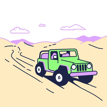 A rugged 4x4 vehicle is driving through a vast sandy desert. The vehicle is covered in dust, showcasing its off-road capabilities. In the background, rolling sand dunes rise and fall, their shapes created by the wind. The sky above is clear, with a few wispy clouds scattered across it. There are tire tracks trailing behind the vehicle, indicating the path it has taken through the desert. Sunlight casts sharp shadows on the sand, highlighting the texture and patterns of the desert floor.
