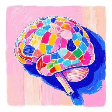 A mosaic art piece in the shape of a brain using colorful tiles