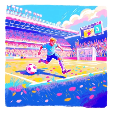 A dynamic scene features "Haaland" in a vibrant video game environment, with pixelated grass and bright stadium lights illuminating the field. He is dressed in a blue soccer jersey, showcasing his determined expression. He is mid-kick, with one foot striking the soccer ball, which is depicted in motion towards the goal. Surrounding him are animated goalposts with a net, and cheering virtual fans in the background, all rendered in colorful pixel art style. The scoreboard displays the current game score, adding to the excitement of the moment.