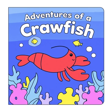 A children's book cover featuring a friendly crawfish with bright red claws and a smiling face. The crawfish is curiously exploring a vibrant underwater scene filled with colorful coral reefs and small fish. Bubbles rise around the crawfish as it swims among the plants in the sea. The title of the book, "Adventures of a Crawfish," is prominently displayed in bold, playful letters at the top of the cover. The background is a deep blue ocean, giving a sense of depth and adventure.