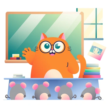 A cartoon cat with bright orange fur and large, expressive green eyes is standing beside a wooden chalkboard in a classroom. The cat is wearing round glasses perched on its nose and is gesturing with its right paw, as if giving a lecture. In front of the cat, a group of small, cartoon mice students with gray fur and large ears are sitting at tiny desks, paying close attention. The classroom is decorated with colorful posters on the walls, and a stack of books is on the cat's desk. Sunlight is streaming through a window, casting a warm glow on the scene.