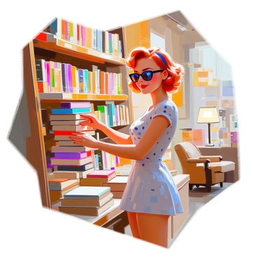 A pin-up girl with wavy red hair, wearing a polka dot dress and cat-eye sunglasses, is standing in a quaint vintage bookshop. She is reaching for a colorful book on a wooden shelf filled with various titles. The bookshop has a cozy atmosphere, with warm lighting and an array of antique furniture. Surrounding her are stacks of books, some with faded covers and others with vibrant illustrations. A small reading nook with a plush armchair and a vintage lamp is visible in the corner, enhancing the inviting ambiance. The girl has a playful smile as she browses, embodying a sense of nostalgia and charm.
