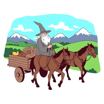 An elderly wizard with a long white beard and a tall grey hat is riding in a wooden cart drawn by two strong brown horses. The cart is adorned with various supplies and has a small, open space where Gandalf is seated, holding the reins with confidence. Behind him, the vast landscape of Middle-earth unfolds, showcasing rolling green hills and distant majestic mountains under a bright blue sky. The scene is vibrant, capturing the essence of adventure and exploration in this fantastical realm.