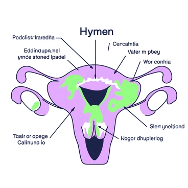 An educational guide displaying the anatomy of the hymen in a labeled format. The central focus is a detailed illustration of the hymen, featuring various labeled parts such as the external and internal anatomy. Surrounding the hymen, there are annotations that clearly identify each section, including the vaginal opening and surrounding structures. The overall layout is organized for clarity, with lines connecting the labels to their corresponding parts in the illustration. The background is minimal to ensure the anatomy is emphasized.