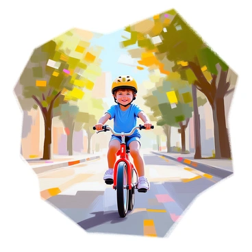 A young child with short brown hair is riding a bright red bicycle down a tree-lined street. The child is wearing a blue t-shirt and a yellow helmet for safety. The trees on either side of the street have lush green leaves, providing a canopy of shade. The pavement is a light gray, and there are a few scattered patches of sunlight filtering through the branches overhead, creating dappled patterns on the ground. The child is smiling, enjoying the ride, and the bicycle wheels are slightly blurred to convey motion.