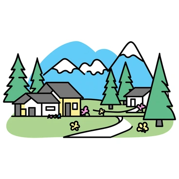 A quaint mountain village, featuring a cluster of small wooden cottages with sloping roofs, is nestled in a green valley. The cottages are surrounded by tall pine trees and colorful flower gardens. In the background, there are majestic snow-capped peaks rising against a clear blue sky, enhancing the picturesque scene. A winding dirt path leads through the village, inviting a sense of exploration and tranquility.