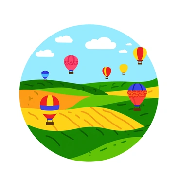An array of colorful hot air balloons with various patterns is floating above a patchwork landscape. Each balloon has a distinct design, featuring stripes, polka dots, and floral patterns in bright colors like red, blue, yellow, and green. Below them, the fields are divided into squares and rectangles of different shades of green, gold, and brown, representing crops and meadows. The balloons cast soft shadows on the ground, and the sky above them is clear with a few fluffy white clouds scattered throughout.