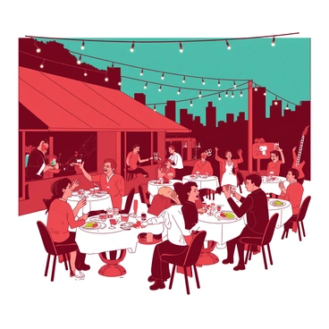 A red outdoor restaurant filled with people enjoying dinner and listening to music. Tables are set with white tablecloths, and colorful dishes are placed on each table. People are laughing and chatting, some raising glasses in a toast. In the background, string lights glow softly, illuminating the scene overhead. The vibrant atmosphere is enhanced by the presence of musicians playing lively tunes nearby. A teal city skyline can be seen in the distance, adding to the lively ambiance of the nightlife.