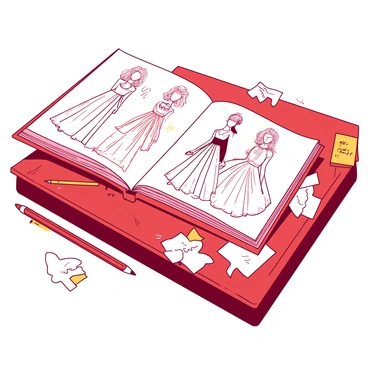 A red journal is open on a wooden table, displaying pages filled with rough sketches of various fashion designs. The sketches depict elegant dresses, stylish accessories, and unique hairstyles, all drawn with fluid lines. Next to the journal, there is a yellow pencil with a sharpened tip, resting beside the journal. Scattered around the table are crumpled pieces of white paper with additional notes and ideas, contributing to the creative atmosphere. The overall scene showcases a vibrant workspace dedicated to the art of fashion illustration.