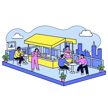 An ice cream shop located on a rooftop with a bright yellow awning. The shop features a glass display case filled with various colorful ice cream flavors. People are sitting at small round tables enjoying their ice cream cones. In the background, a panoramic view of a city skyline with tall buildings and a clear blue sky can be seen. Some people are leaning against the railing, taking in the view. There are potted plants on the rooftop adding a touch of greenery.