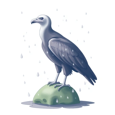 A turkey vulture is perched on a moss-covered rock. Raindrops are visibly falling from the sky, creating a sense of wetness around the bird. The vulture's wings are slightly spread, showcasing its dark feathers in contrast to the green moss underneath. The bird's sharp beak and keen eyes are focused ahead, suggesting alertness in the rainy environment. Small puddles of rainwater form around the base of the rock, reflecting the surrounding scene.