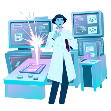 A scientist with short black hair and wearing a white lab coat is standing in a high-tech laboratory. Their eyes are wide open in surprise as a bright spark jumps from a circuit board in front of them. The lab is filled with futuristic equipment, including glowing screens and complex machinery. The scientist has one hand raised, slightly backward, as if instinctively reacting to the spark. There are various tools and gadgets scattered around the workspace, adding to the busy atmosphere of the lab.