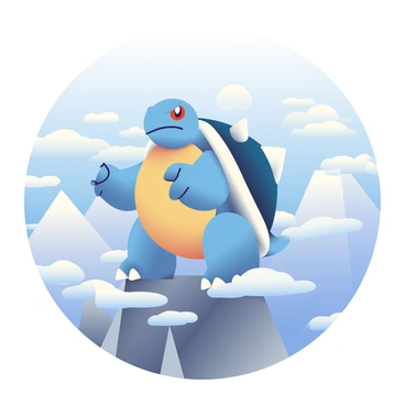 A Blastoise with a deep blue shell and large cannons on its back is standing proudly on a rocky mountain peak. The creature has a determined expression on its face, showcasing its strength and confidence. Surrounding the mountain are swirling white clouds that form a soft gradient, enhancing the scene's majestic atmosphere. In the background, additional mountain ridges and a clear blue sky can be seen, adding depth to the composition.