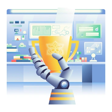 A robotic arm with sleek metallic features is prominently displayed in the foreground, holding a shining gold trophy engraved with intricate designs. The trophy has a slender base and a wide cup, reflecting the light in the room. The background is a futuristic laboratory filled with various high-tech equipment, including glowing screens displaying complex data and holographic interfaces. There are shelves with advanced tools and gadgets lining the walls, while the floor is made of polished, reflective material. A soft blue light emanates from overhead panels, illuminating the scene.