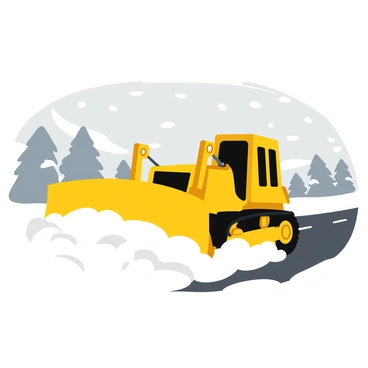 A bright yellow bulldozer is actively pushing a thick layer of snow off a rural road. Snowflakes are falling heavily from a gray, overcast sky, creating a dynamic winter storm atmosphere. The bulldozer's blade is raised high, and the snow is being thrown to the side, forming large snowbanks. In the background, there are snow-covered trees lining the road, their branches heavy with fresh snow. The rural road is partially visible beneath the snow, showing dark asphalt in areas where the bulldozer has cleared it.
