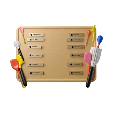 A 3D render of a culinary leaderboard displaying the scores of students in a cooking class. The leaderboard is designed as a large wooden board with a polished finish, mounted on a wall. It features neatly arranged nameplates for each student, made from brushed metal, with their names engraved in an elegant font. Each nameplate is accompanied by a corresponding score displayed in bold numbers. Colorful cooking utensils, such as spatulas and whisks, are artistically placed around the leaderboard to enhance the culinary theme. The atmosphere is vibrant, reflecting a competitive yet friendly environment.