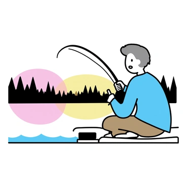 An elderly man with gray hair and a weathered face is sitting on a wooden dock, holding a fishing rod. He is wearing a light blue shirt and brown trousers. The lake is calm, reflecting the soft colors of the sunrise, with shades of orange and pink in the sky. In the background, there are silhouettes of trees surrounding the lake. A small tackle box is placed beside him on the dock. The fishing line is cast into the water.