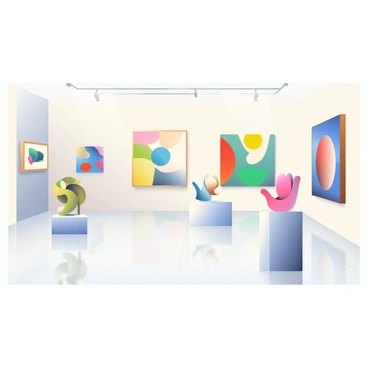 A minimalist art gallery floor is prominently featured, showcasing polished surfaces that reflect the surrounding exhibits. The floor is made of smooth white marble, with a slight sheen that enhances the reflections. In the foreground, there are various abstract sculptures displayed on sleek pedestals, each reflecting a different angle on the shiny surface. The walls of the gallery are painted in a soft, muted color, allowing the vibrant colors of the artwork to stand out. Soft, diffused lighting illuminates the space, creating gentle shadows that add depth to the overall composition.