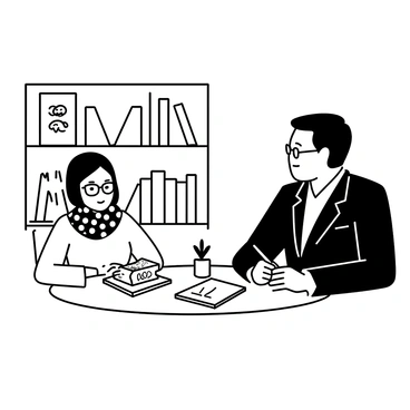 An illustrator sitting at a round wooden table in a cozy office, looking at a stack of book covers. The illustrator is a middle-aged woman with glasses, wearing a patterned scarf and a cardigan. Across from her, a publisher is listening attentively, with a notepad and pen in hand, wearing a tailored suit. The office has shelves filled with books and framed artwork on the walls, creating an inviting atmosphere. A small potted plant is placed on the table beside an open sketchbook filled with drawings.