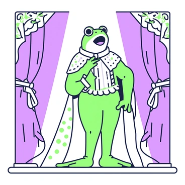 A frog is standing on a stage, wearing an elaborate operatic costume that features intricate details. The costume includes a ruffled collar and a flowing cape, both adorned with patterns. The frog is positioned in a dynamic pose, with its mouth open wide as it sings passionately. The stage is illuminated with bright lights, highlighting the frog's expressive features. Behind the frog, there are ornate curtains that frame the scene, adding to the theatrical atmosphere.