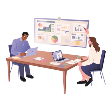 A digital flat illustration depicting two analysts sitting at a large rectangular table covered with various reports and graphs. The analyst on the left has medium skin and is wearing glasses, a blue button-up shirt, and dark trousers. He is focused on a laptop displaying colorful graphs and pie charts related to "illustration usage trends." The analyst on the right has light skin and shoulder-length brown hair, wearing a white blouse and navy blue skirt. She is pointing at a printed chart showing "pricing" trends while taking notes on a notepad. Behind them, a large whiteboard displays additional data points and sketches of illustrations. Several colorful sticky notes are scattered on the table, adding to the scene's vibrant detail.
