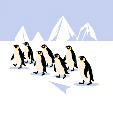 A group of penguins waddling across a smooth, white frozen ice shelf. The penguins are in various poses, some with their wings slightly extended, while others have their heads turned to the side. The ice shelf has a few cracks visible, and in the background, there are large blocks of ice jutting out, glistening in the bright light. The sky above is a clear blue, enhancing the cold atmosphere of the scene.