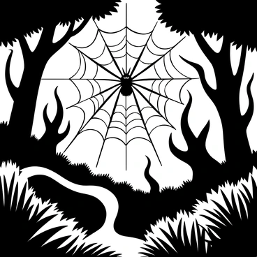 A large, intricate spider web stretches between two gnarled tree branches, showcasing an elaborate pattern of glistening threads. At the center of the web, a menacing spider with long, spindly legs sits poised, its body detailed and textured. The surrounding dark forest is filled with twisted trees and dense underbrush, creating an atmosphere of mystery. Shadows loom, enhancing the sense of depth and intrigue around the web and spider.