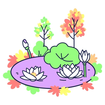 A tranquil pond is filled with blooming lotus flowers, their petals gracefully floating on the water's surface. The flowers are accompanied by large, green leaves that provide a backdrop. Surrounding the pond, vibrant autumn leaves in various shades create a colorful border, with some leaves gently falling onto the water. In the background, a few trees stand tall, their branches adorned with colorful foliage, adding to the seasonal atmosphere.