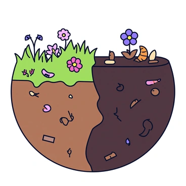 A split scene featuring two contrasting halves of soil. On the left side, the soil is rich and healthy, with vibrant green grass, colorful flowers blooming, and small plants thriving. This side displays a variety of healthy insects and worms, contributing to the lively ecosystem. On the right side, the soil is dark and barren, with cracks and a dry, lifeless appearance. This half shows scattered debris, a few wilted weeds, and a lack of any visible insects or life. The division is clear and stark, highlighting the differences between the two environments.