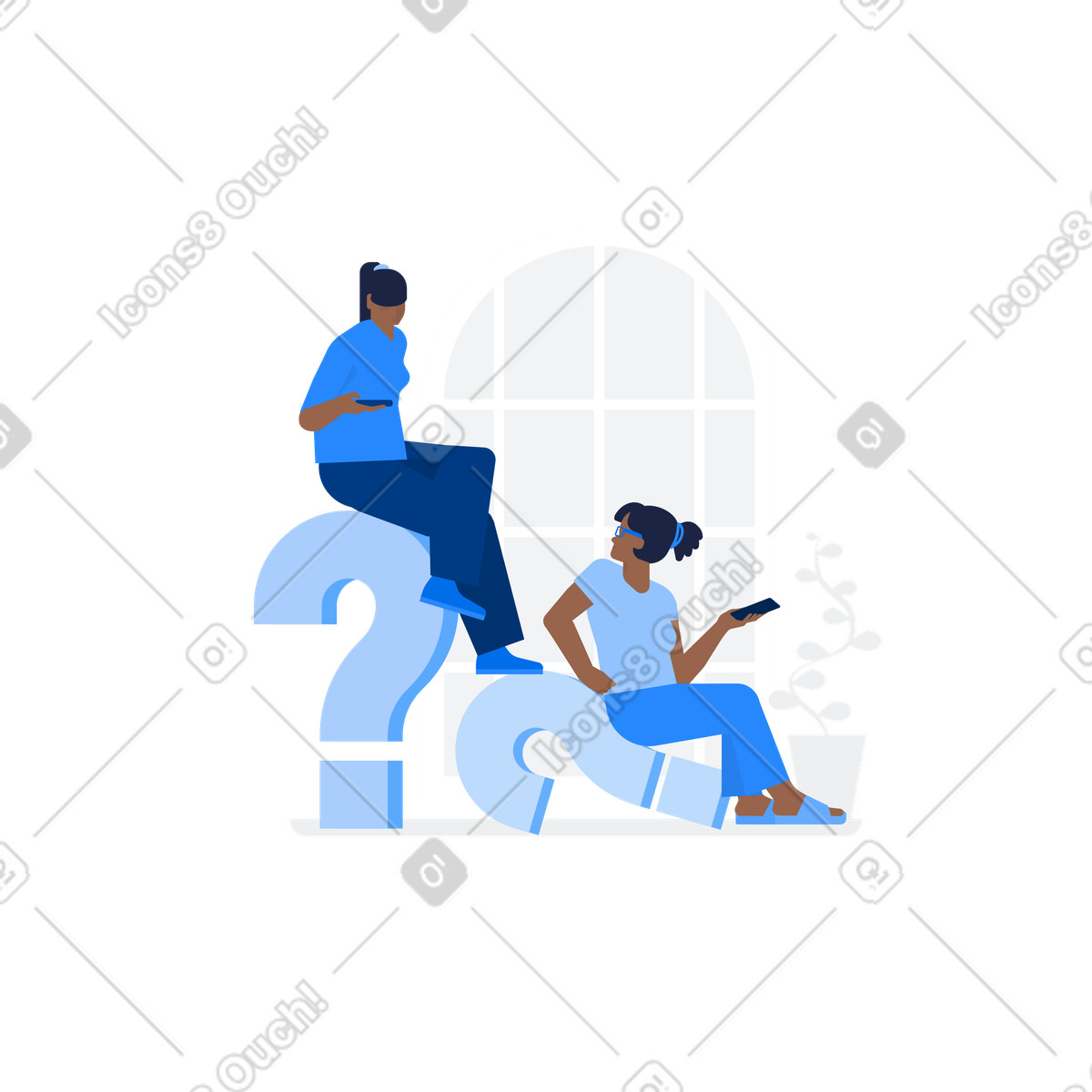 Ilustração de Duas mulheres com smartphones sentam-se em pontos interrogação no estilo Urban para baixar PNG, SVG