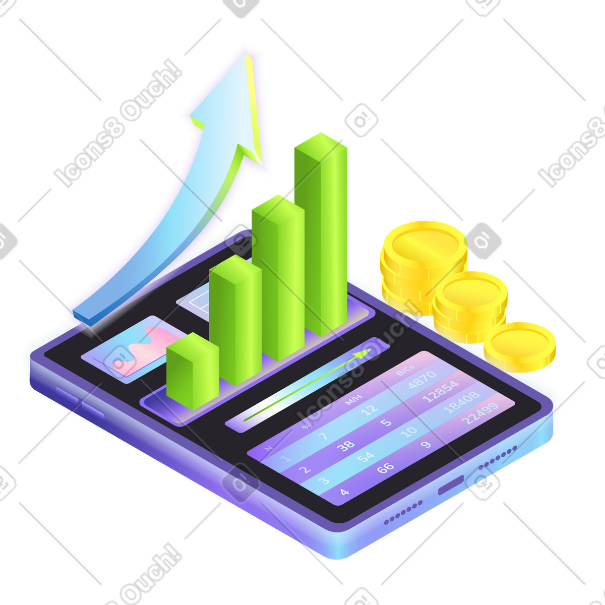 Stacked coins and analytics app interface, Mobile financial management illustration in Isotech style download in PNG, SVG