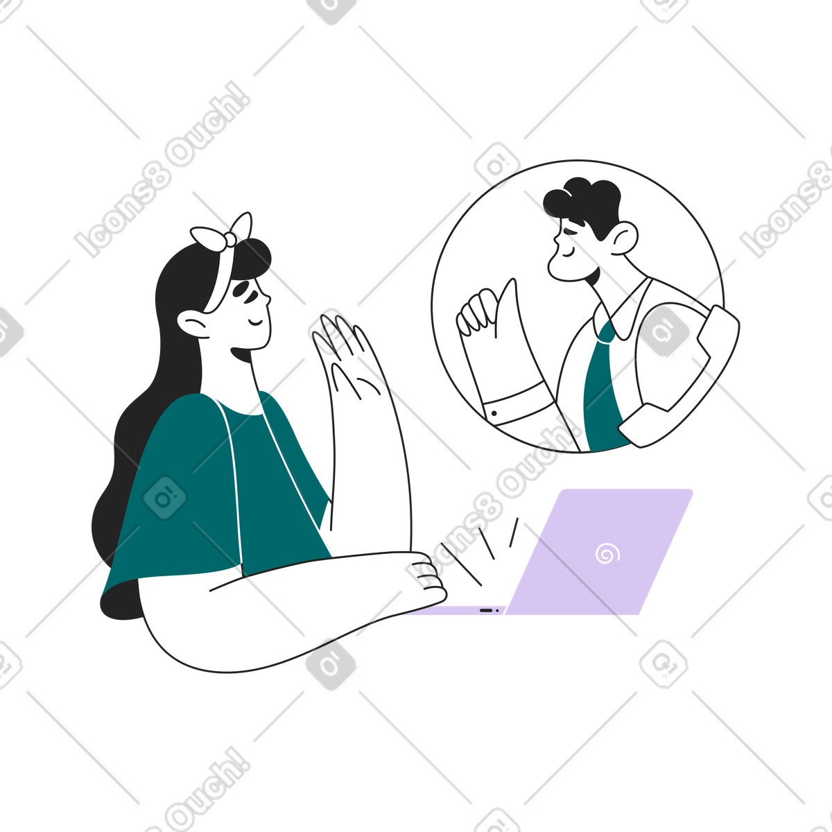 Waving during video call, Remote communication and virtual collaboration illustration in Sammy Line style download in PNG, SVG