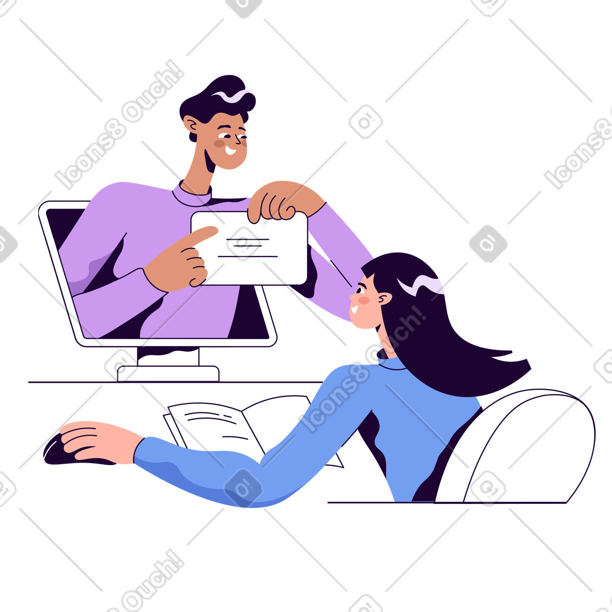 Woman takes online training from a man in computer illustration Martina style download PNG, SVG
