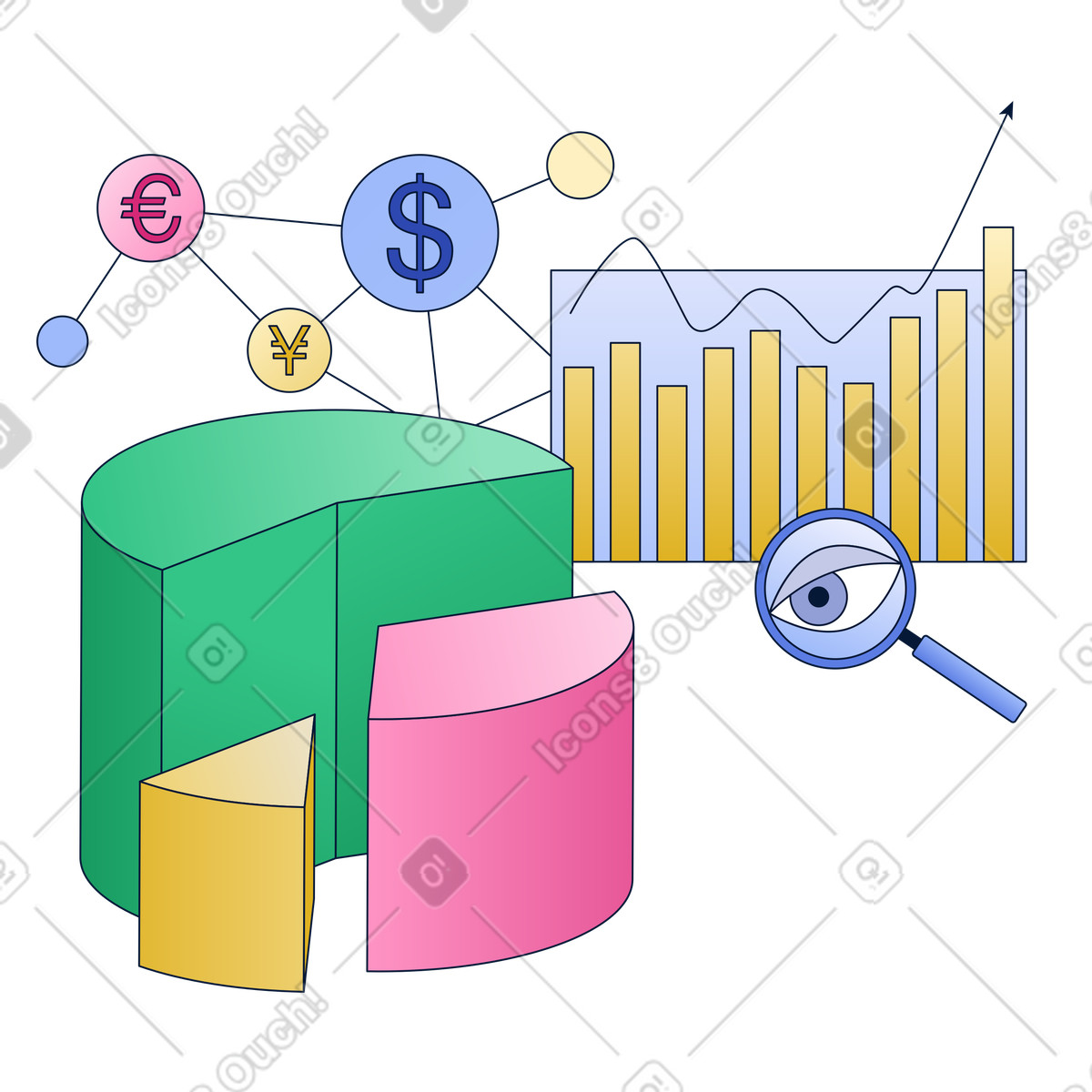 Illustration Analyser les graphiques et différentes devises dans le style Neat à télécharger aux formats PNG, SVG