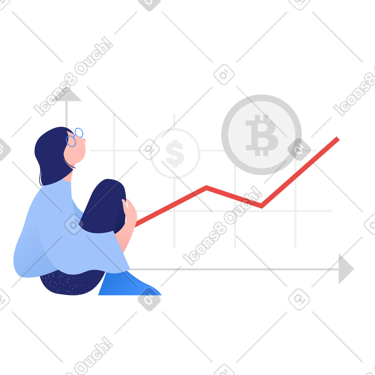 Donna che guarda i bitcoin mentre cresce illustrazione in stile Clip scarica in PNG, SVG
