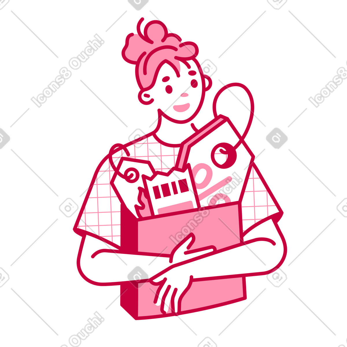 Illustration Fille avec un sac de courses rempli réductions dans le style Natty à télécharger aux formats PNG, SVG