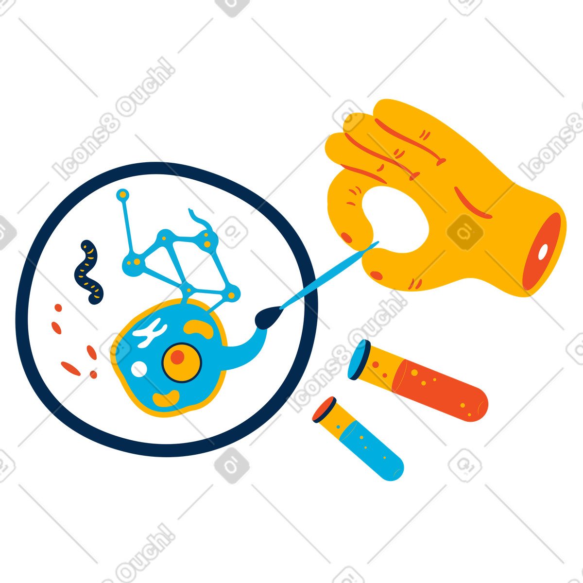 Labormitarbeiter führt tests an zellen durch-Illustration im Flame-Stil als Download in PNG, SVG