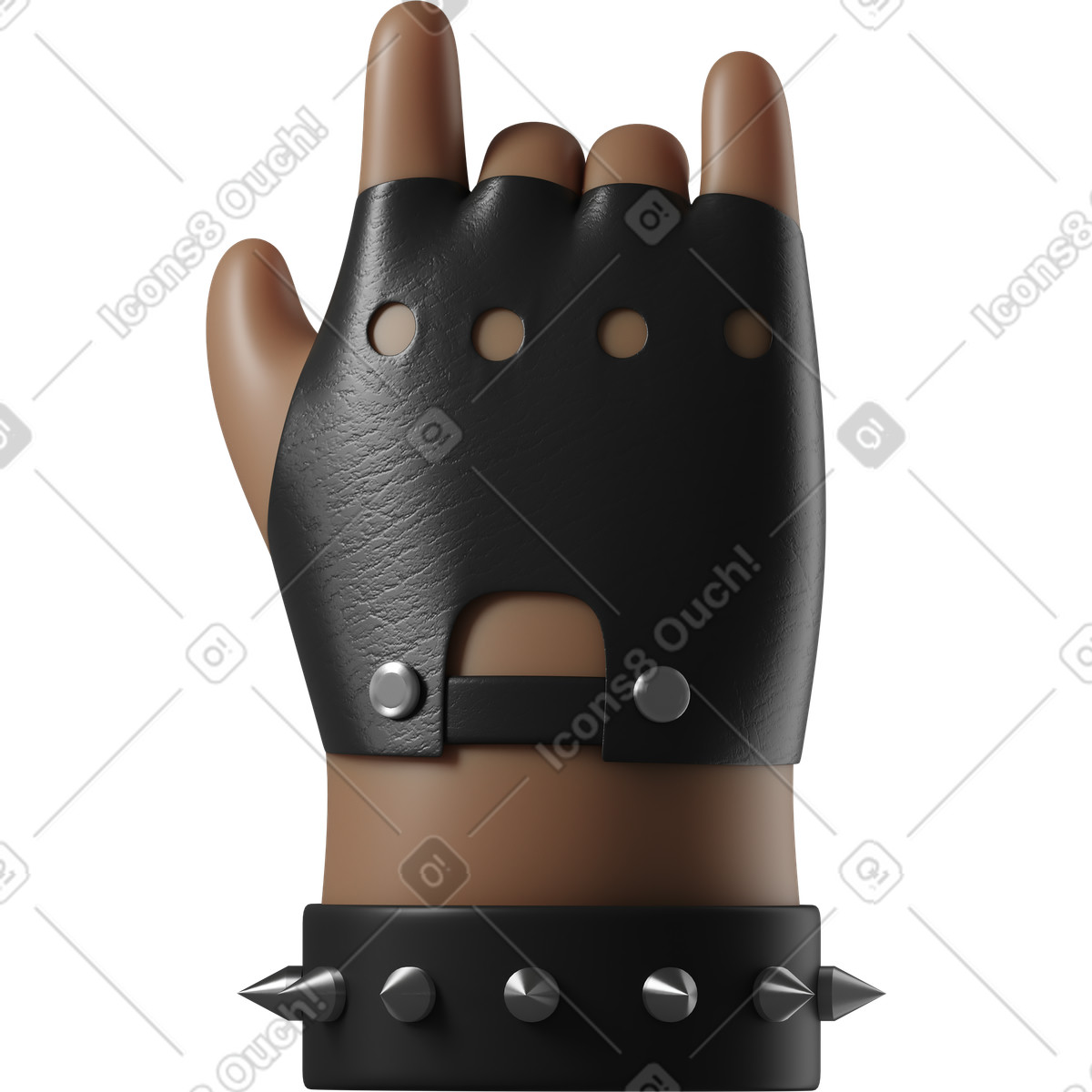 Ilustración Mano de piel marrón oscura rockero con brazalete cuero que muestra un signo rock en estilo 3D Hands Fun&Wild a descargar en PNG y SVG