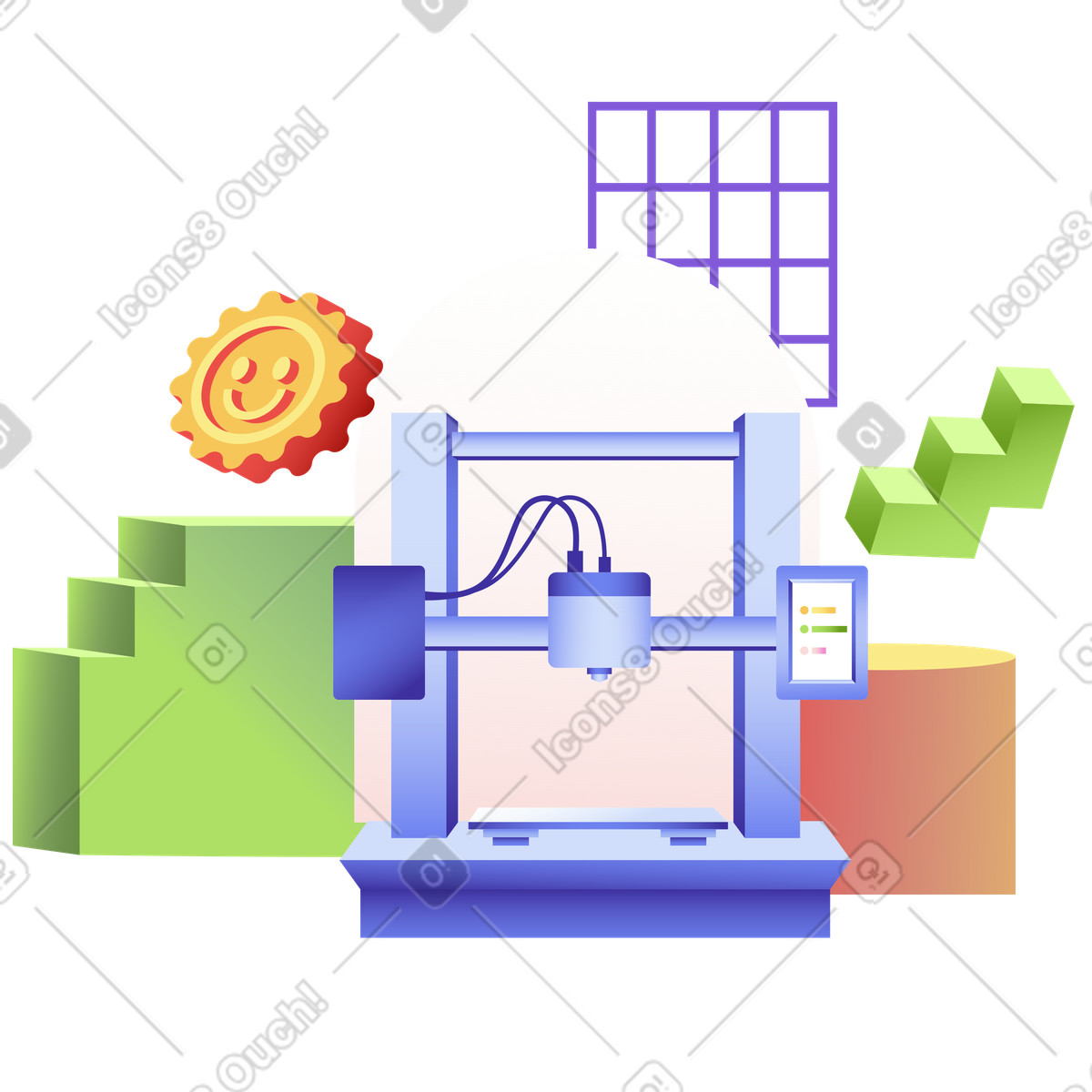 3D printer with abstract geometric objects, Additive manufacturing and prototyping illustration in Levels style download in PNG, SVG