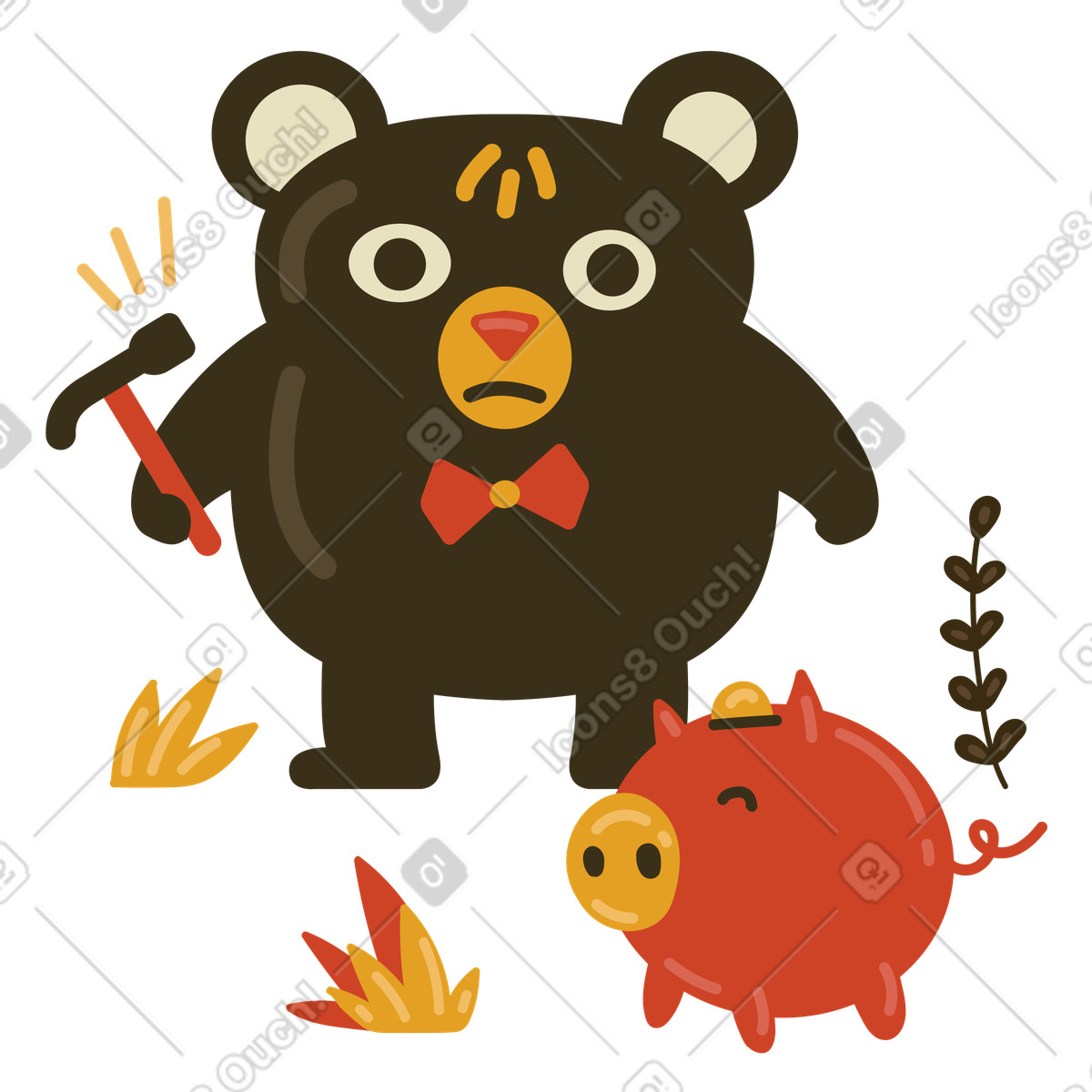 Orso che pensa di rompere un salvadanaio illustrazione in stile Arabica scarica in PNG, SVG