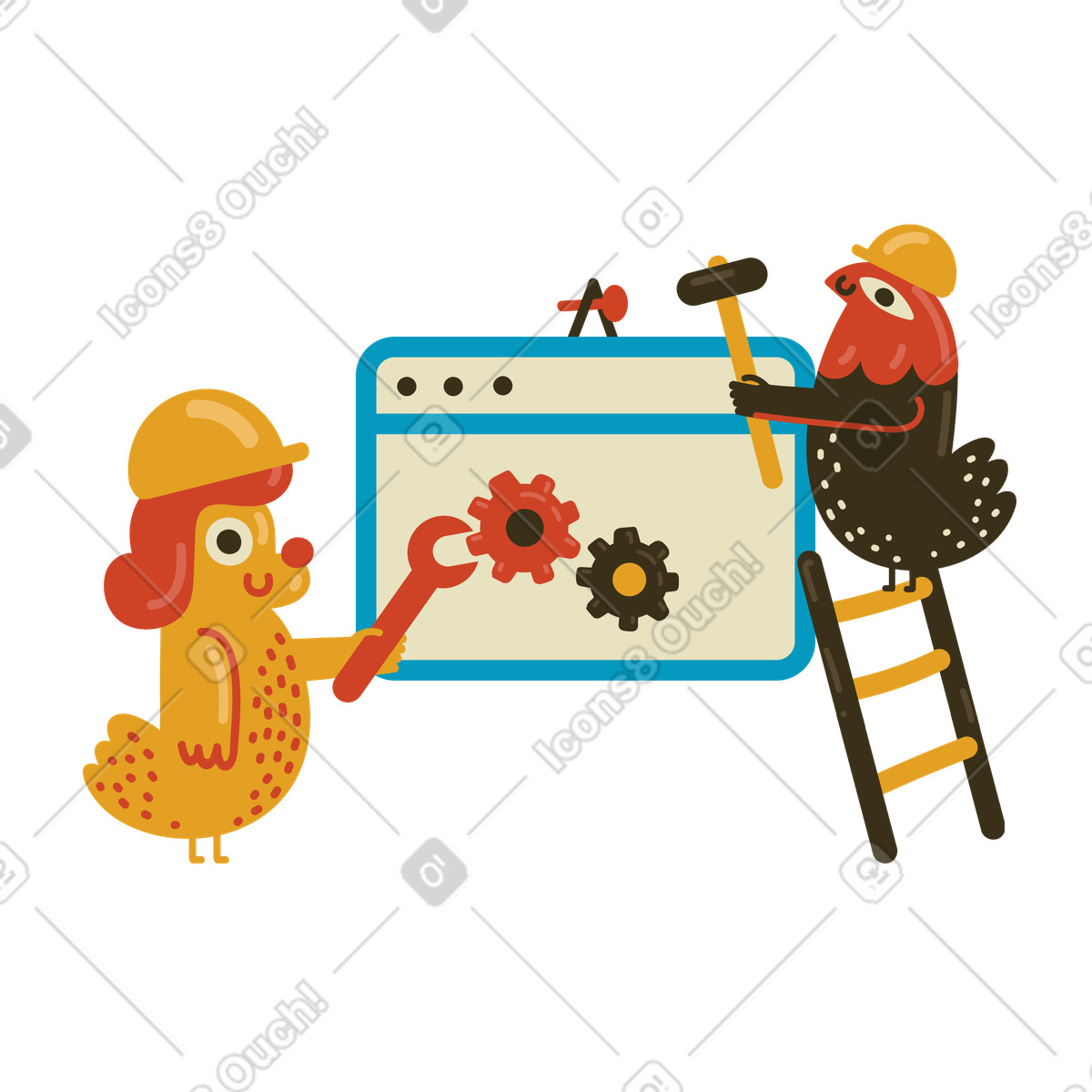 Pagina del sito in costruzione e animali che la sistemano illustration in PNG, SVG