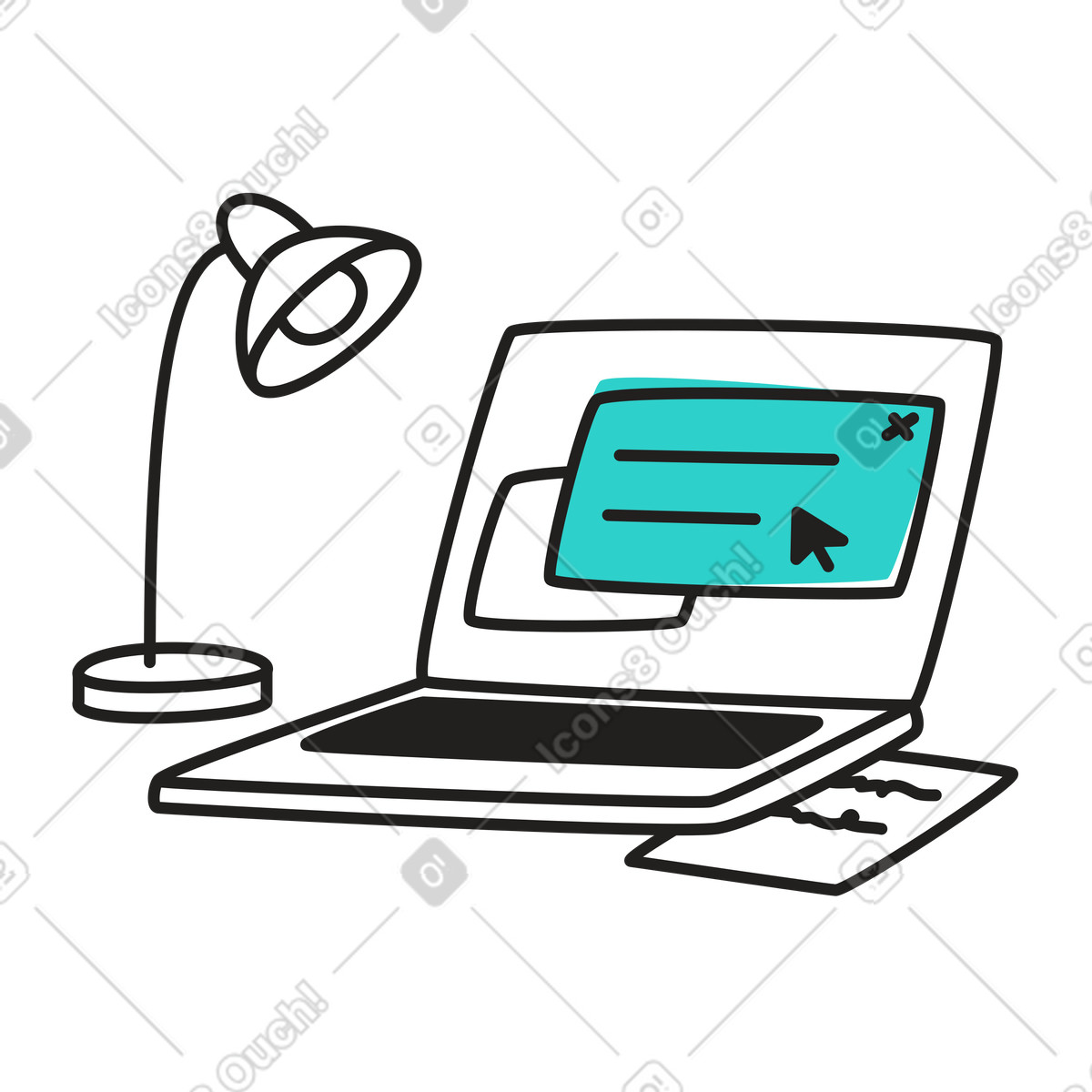 Workspace with laptop, table lamp and notes illustration in PNG, SVG