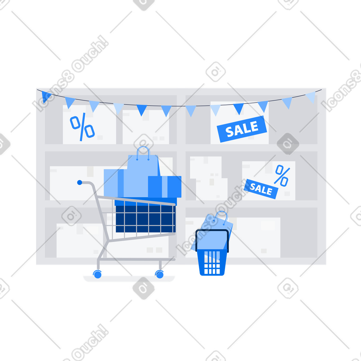 Shopping cart and basket full of items on total sale illustration in Urban style download in PNG, SVG