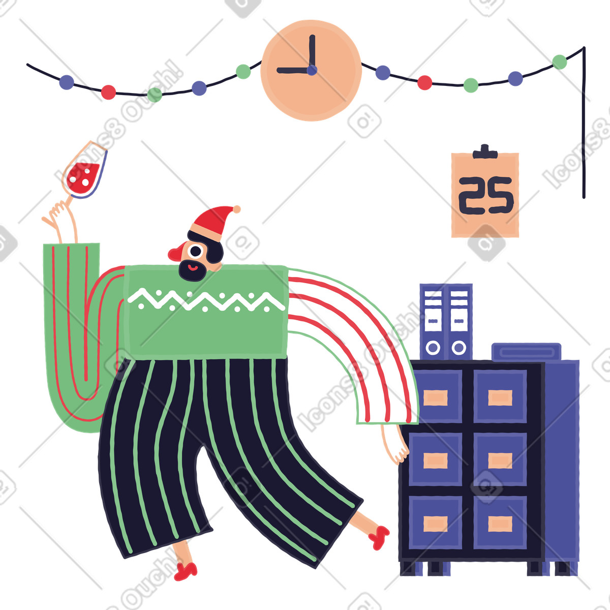 下载 Stripy 风格的 Office worker wearing Santa hat and sweater, Christmas party at workplace 插画，支持 PNG、SVG 格式